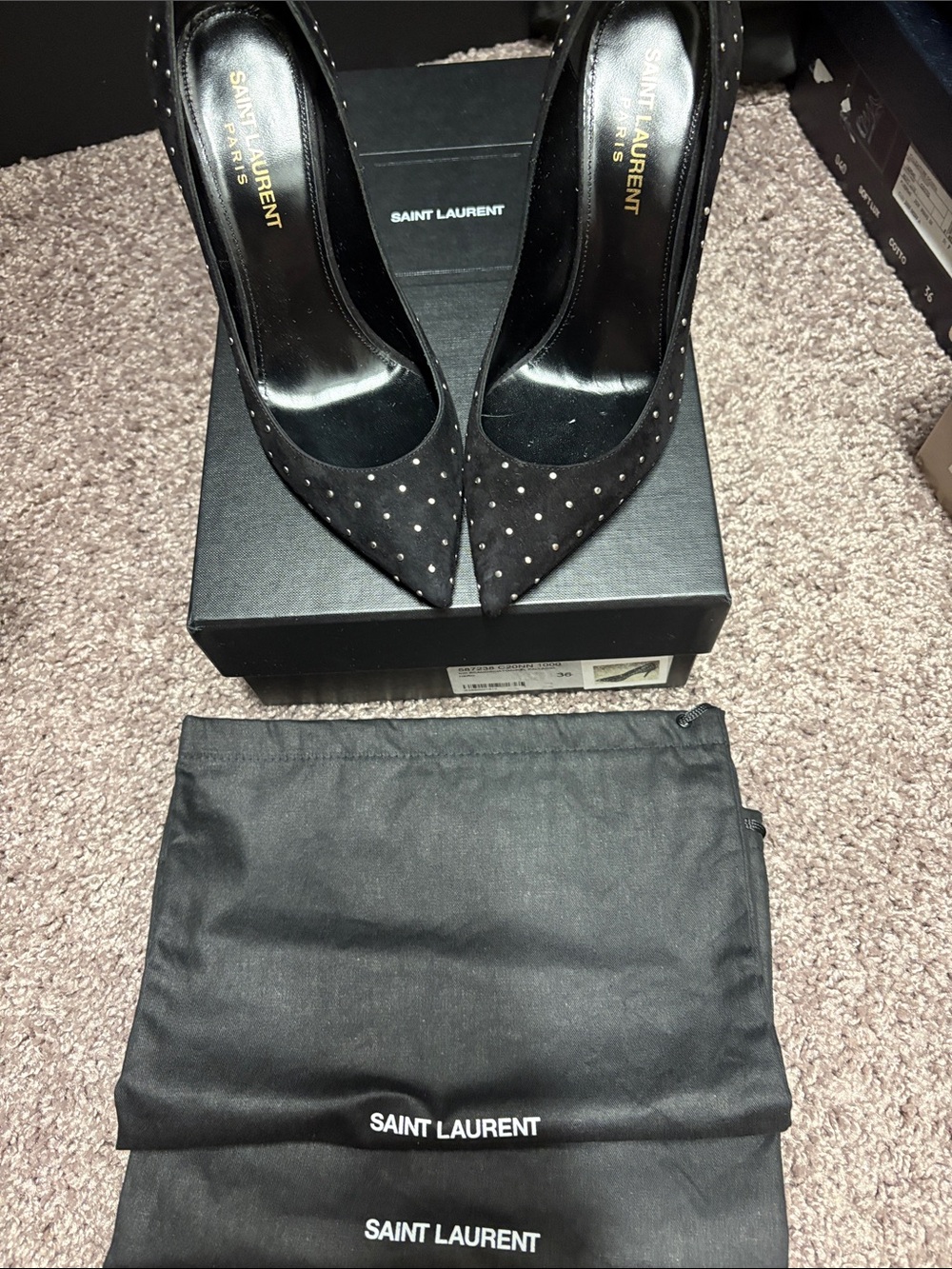Saint Laurent Black Suede Pointed-Toe Studded Pumps